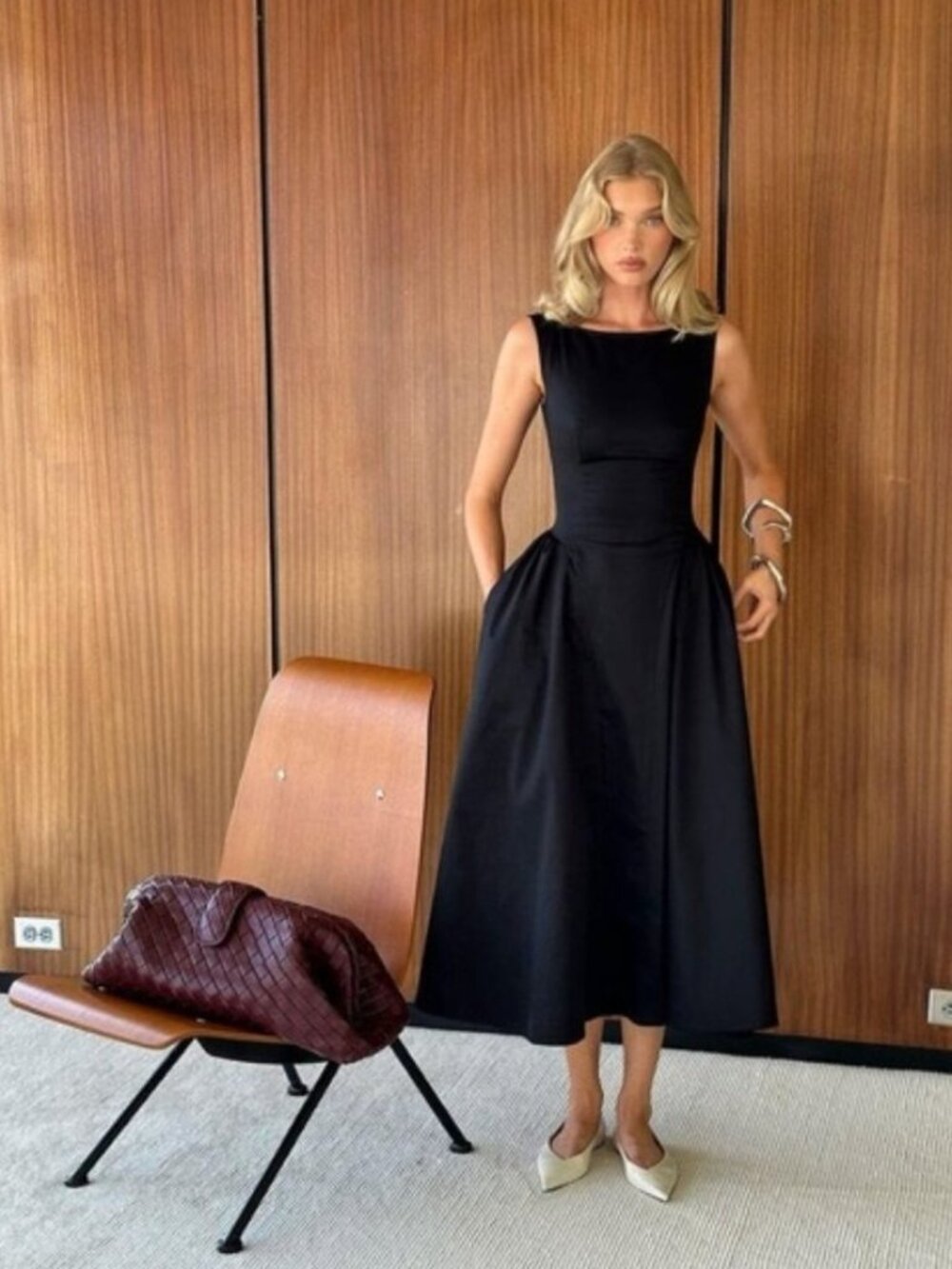 NEW Helsa Stretch Cotton Sateen Midi Dress Black | M